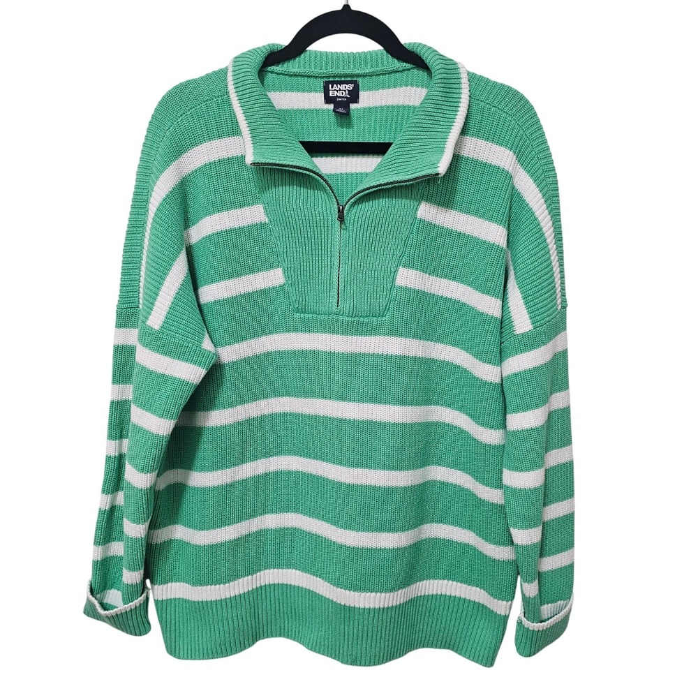 Lands End Drifter Green White Stripe 1/4 Zip‎ Pullover Sweater Womans XL Cotton